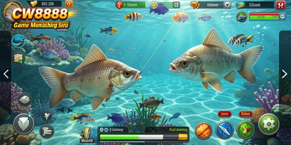 Screenshot utama CW8888 menampilkan aksi memancing yang menegangkan di lokasi indah.