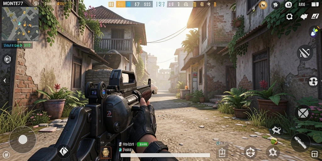 Screenshot gameplay MONTE77 menampilkan aksi tembak-menembak yang mendebarkan.