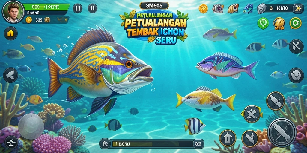 Screenshot gameplay SM605 menampilkan aksi seru saat menembak ikan.