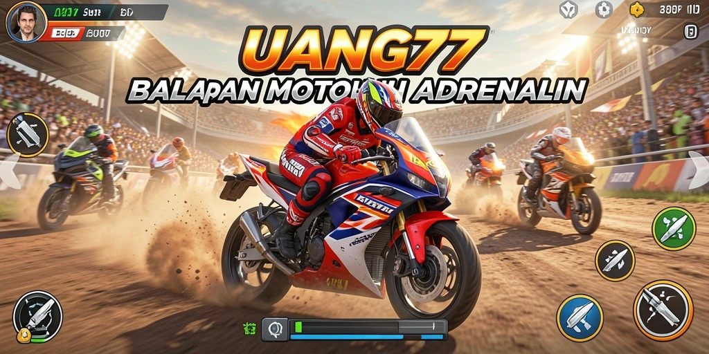 Screenshot utama UANG77 menunjukkan gameplay balap motor yang intens.