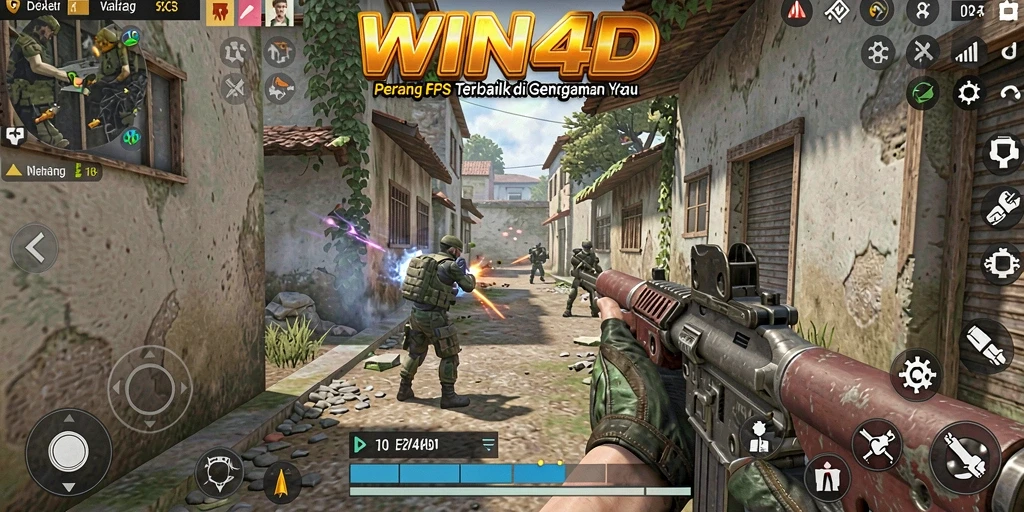Screenshot WIN4D menunjukkan aksi pertempuran FPS yang mendebarkan.